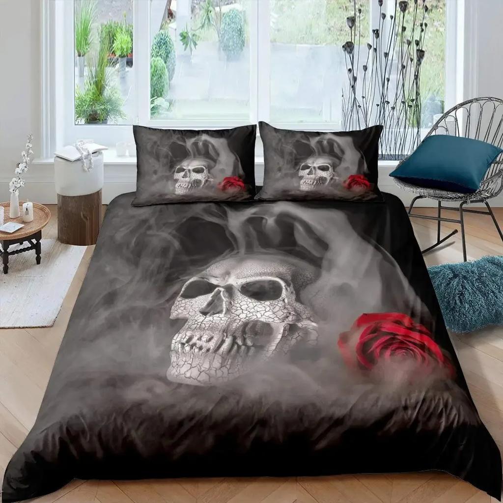 Black Blue Flame Skull Duvet Cover Set Full Size 3D Skeleton Bones Bedding Set Gothic Comforter Cover Horror Skull Quilt Cover