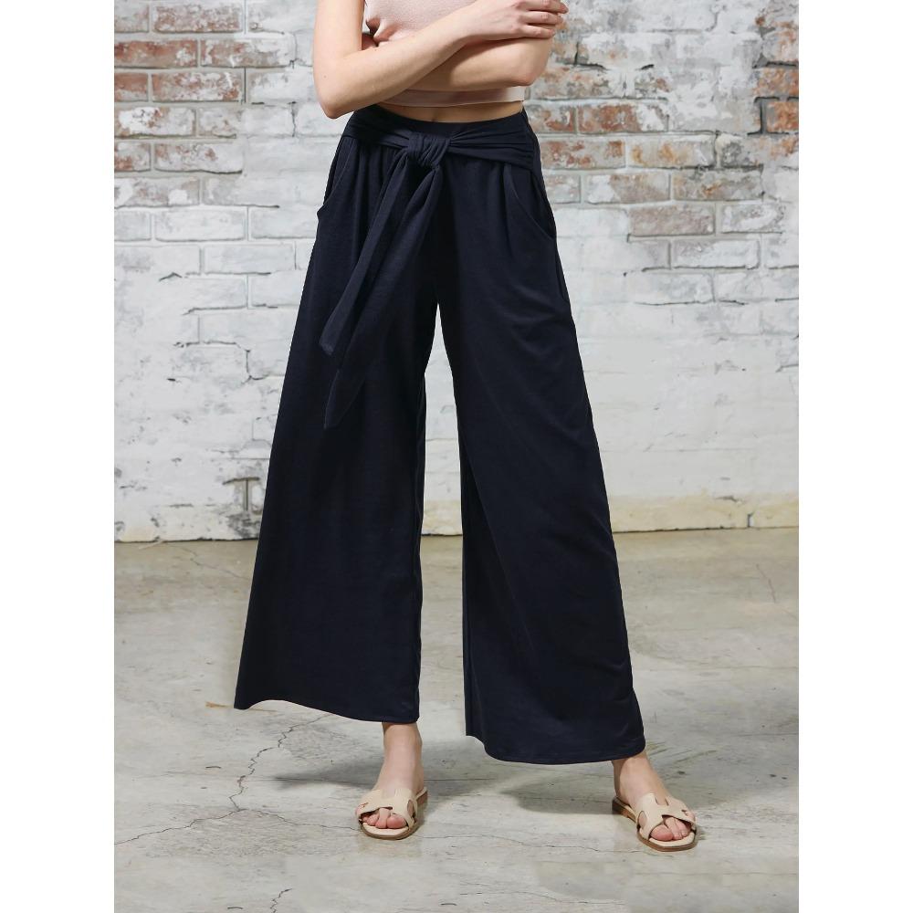 Women's Elastic High Waist Self Tie Belt Solid Color Wide Leg Long Pants Soft Casual Loose Trousers For Summer Daily Yoga Wear