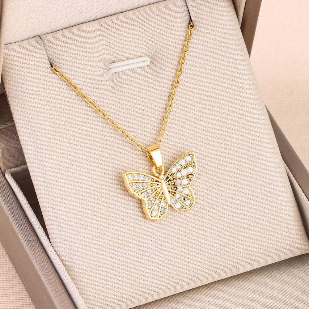 New Gold Plated Sweet Zircon Crystal Butterfly Pendant Necklaces For Women Trendy Ladies Stainless Steel Neck Chain Jewelry