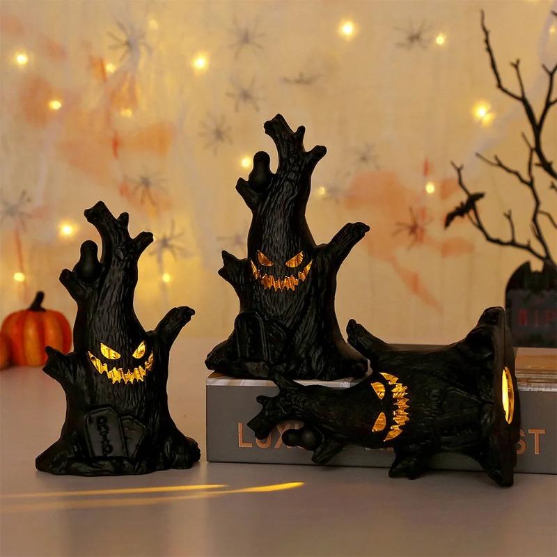 1-10PCS Halloween LED Ghost Face Tree Statue with BatterySpooky Tree Demon Statue Tabletop Bark Face Figurine for Indoor Outdoor