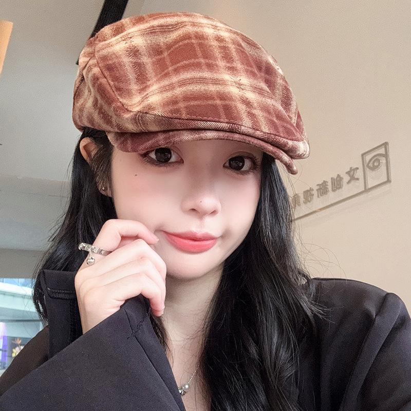 Plaid Backwards Forward Hat Women's Autumn and Winter Japanese Retro Duck Beret Personalized Versatile Painter's Newsboy Hat