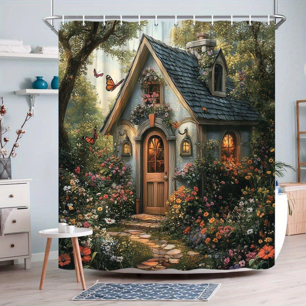 

Enchanted Cottage 3D Shower Curtain - Fairy Tale House & Garden Theme For Bathroom Decor, Adds Whimsical Charm And Beauty W60H190(CM)-1 Pcs