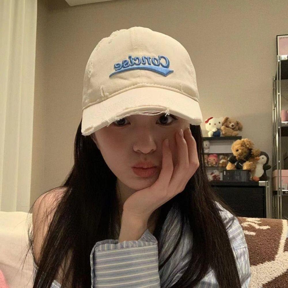 Korean Holes Peaked Cap Embroidery Snapback Cap Solid Color Letter Baseball Hat Teenagers