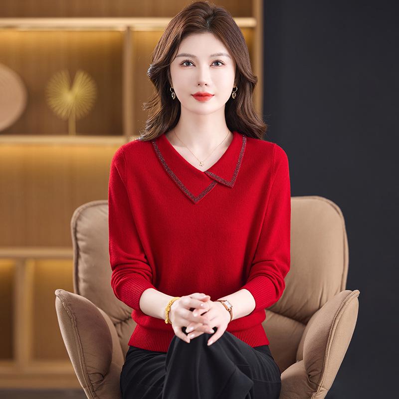 

Design Sense Rhinestone Turn-Down Collar Wool Sweater for Women - 2025 New Elegant Mom Knitted Top L (50-57.5 kg)