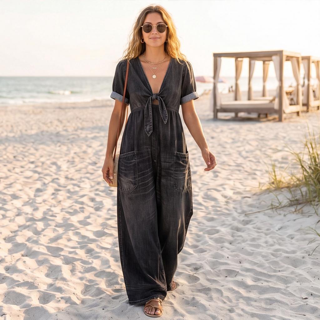 Women Casual Loose Fit Short Sleeve V Neck Washed Denim Pocket Jumpsuit Wide Leg Romper with Tie Front Detail
