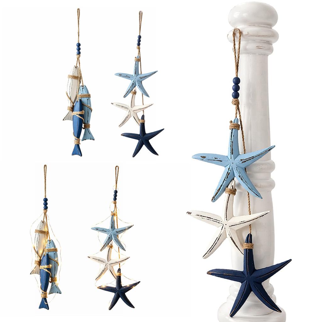 Coastal Beach Starfish Fish Wall Decor Hanging Ornament with Built-in Warm Light Home Art Piece