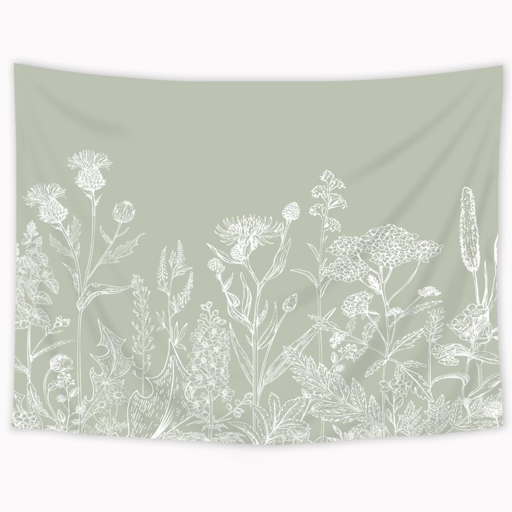 Sage Green Floral Wildflower Tapestry Flowers Plants Botanical Botany Spring Herbs Wall Hanging Natural Watercolor Home Dorm