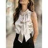 Womens Red Sleeveless Satin Blouse With Bow Neck Detail Elegant Formal Casual Top