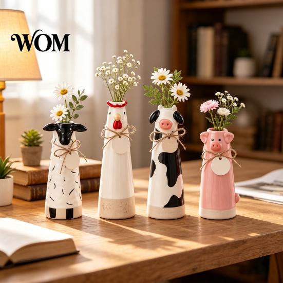 Small Bouquet Flower Vessel Resin Cute Animal Vase, Farmhouse Decorative Holder for Home Shaped Plant Pot Office Decor, Pig/Cow/Sheep/Chicken
