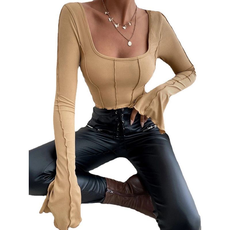2022 Slim Fitting Long Sleeve Square Neck Pullover T-shirt