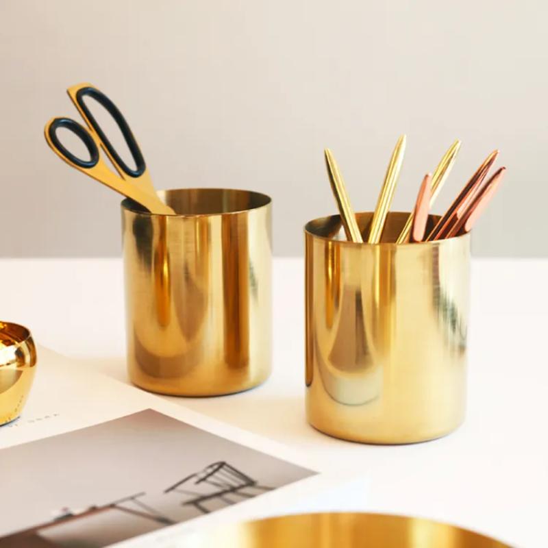Runder Stifthalter Edelstahl Metall Schreibtischornament Nordische Schreibwaren Stifteinsatz Goldene Vase Make-up Pinsel Aufbewahrungsbox