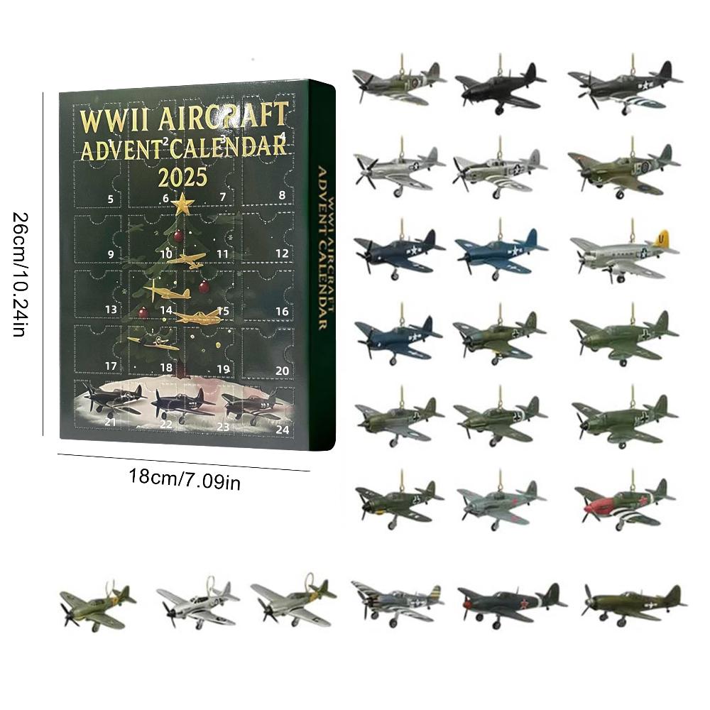 WWII Aircraft Advent Calendar 2025 with 2D Acrylic Unique Mini Dog/Dragon/Aircraft Christmas Advent Calendar for Aviation Lovers