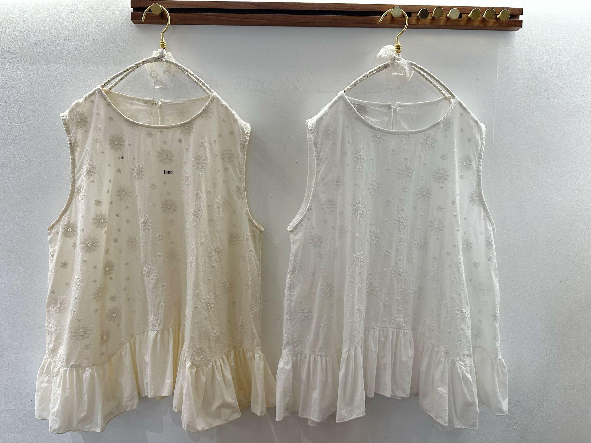 Japanese Sweet Cotton Embroidered Sleeveless Ruffle Top for Women One Size абрикосовый