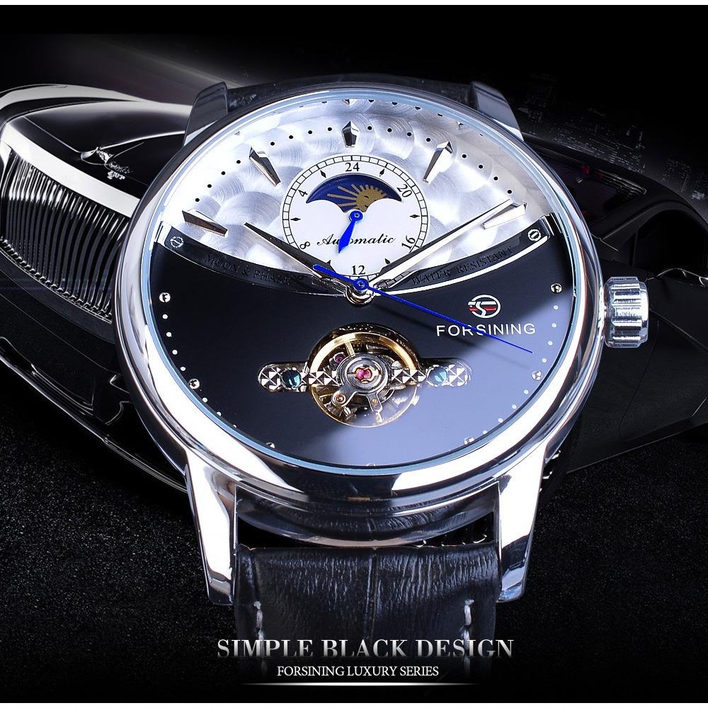 Forsining Luxury Automatic Mechanical Watches Mens Sun Moon Phase Tourbillon Watch Waterproof Men Wristwatch