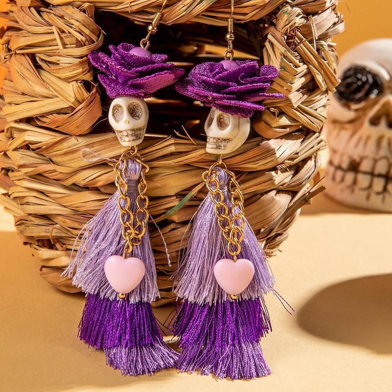 Creative Halloween Skeleton Skull Tassel Dangle Earrings for Women Gothic Skull Drop Earrings Festival Party Jewelry