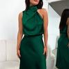 Pure Color Sleeveless Skirt Satin Silk Holiday Party Dress Fashion Long Evening Dress  Club