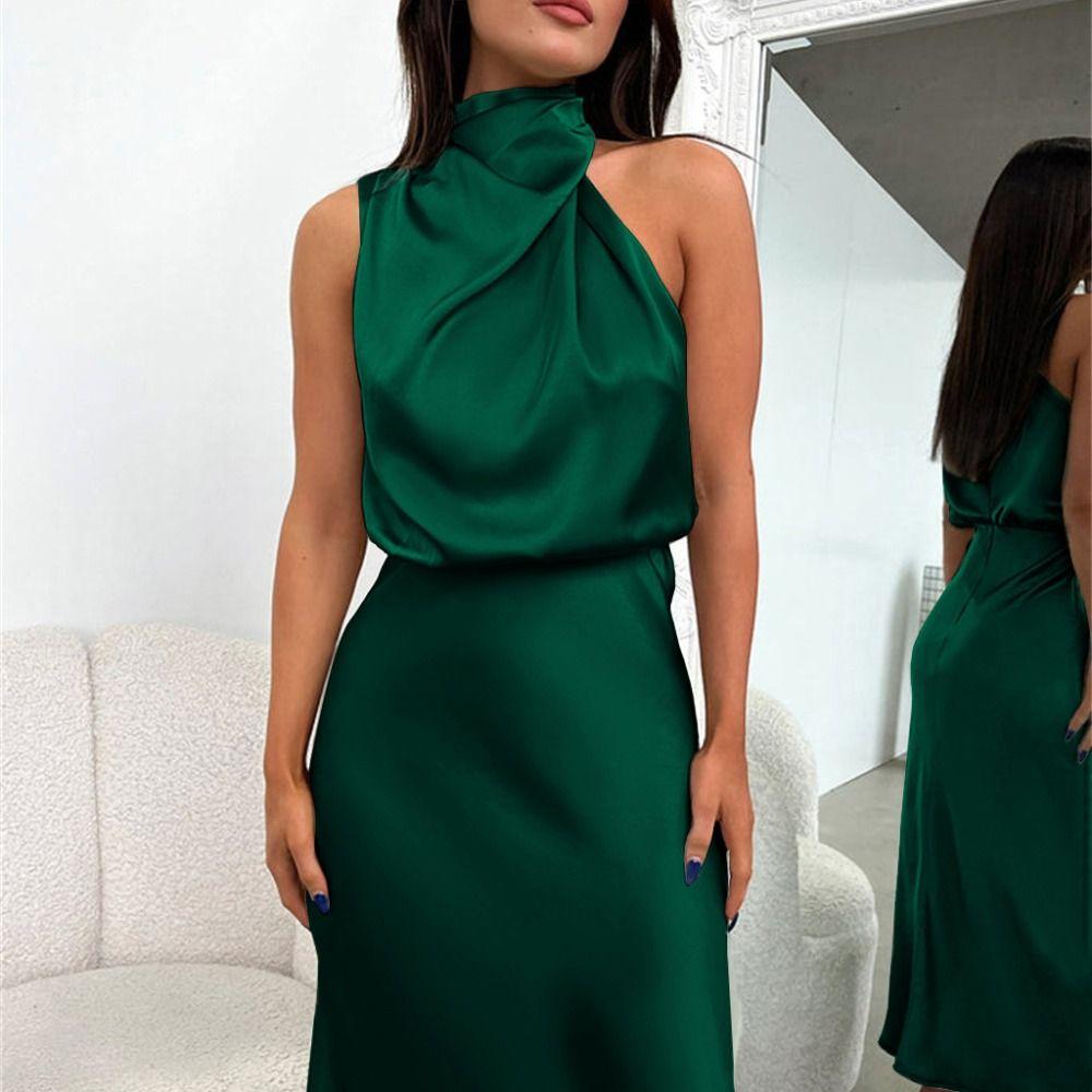 Pure Color Sleeveless Skirt Satin Silk Holiday Party Dress Fashion Long Evening Dress  Club