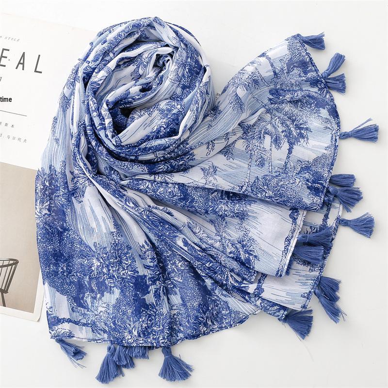 Retro Chinese Silk Scarf: Blue & White Porcelain Sunscreen Shawl for Hanfu & Photography