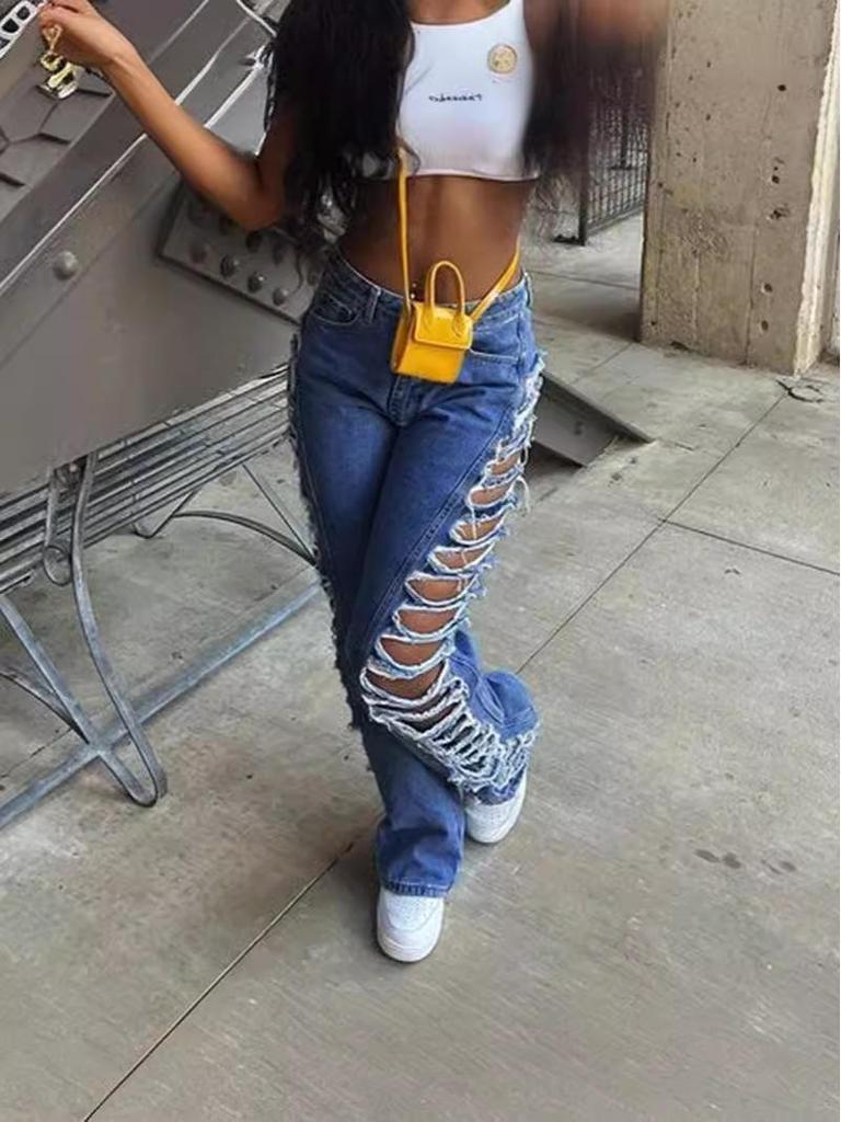 Distressed Sexy Hot Girl Street Trendsetter Slim Ripped Washed Denim Pants for Women