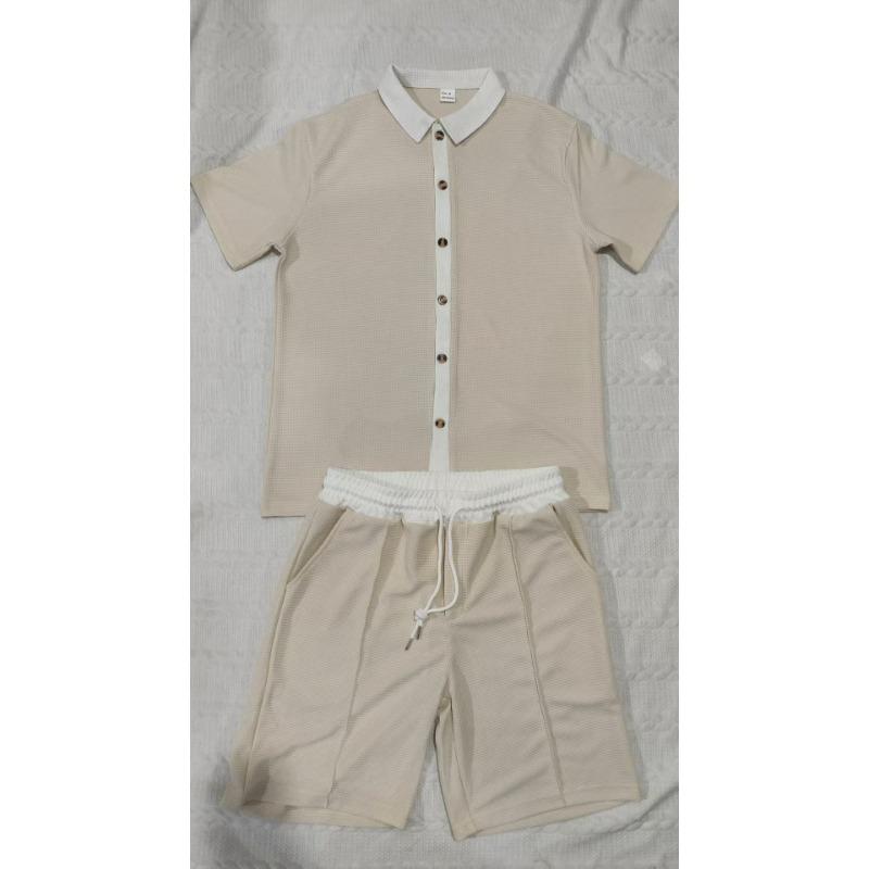 Mens Casual Color Block Breathable Thin Beach Shirt Shorts Set