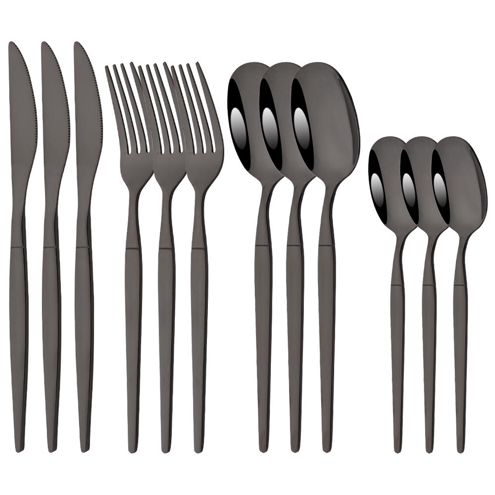 12Pcs New Black Golden Dinnerware Set Stainless Steel Tableware Set Western Knife Fork Coffee Spoon Mirror Flatware Cutlery Set