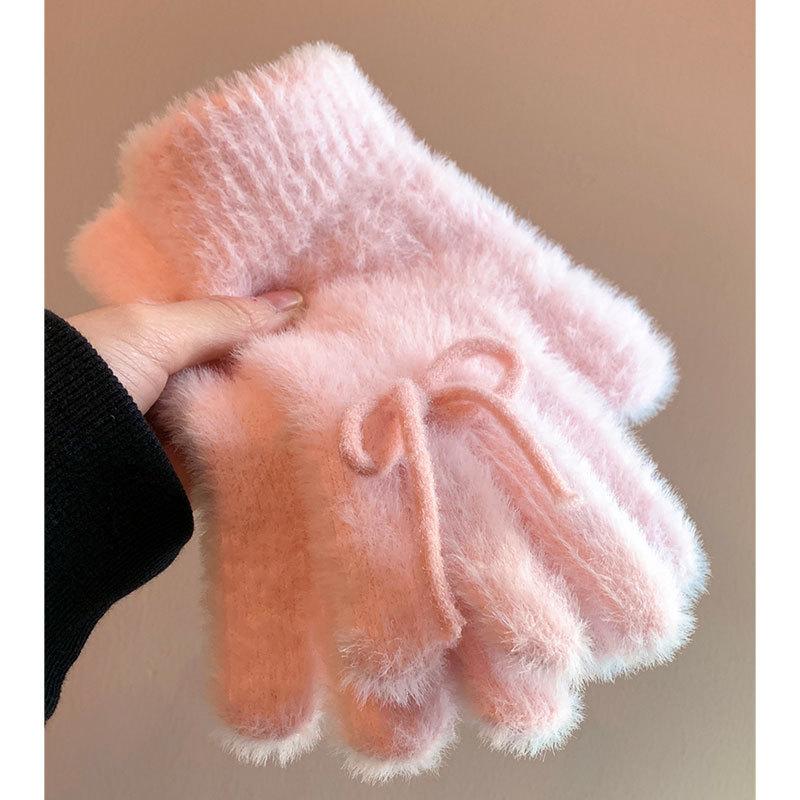 Plush knitted gloves women s autumn and winter Korean cute blue bow plush warm and cold-proof finger furry One size