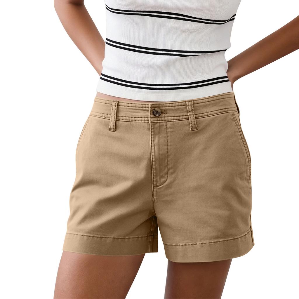 Women’s Mid Rise Cotton Blend Chino Shorts with Button Closure and Belt Loops for Everyday Casual Wear
