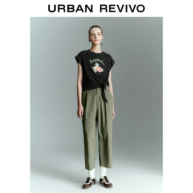UR 2025 Spring Fun Fruit Print Tie-Up Short Sleeve T-Shirt XS темно серый