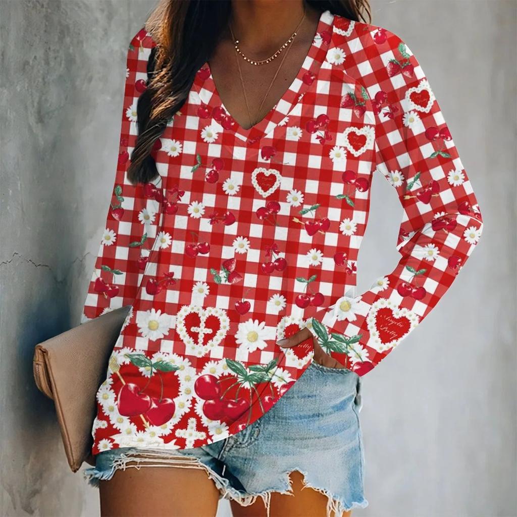 Spring V-Neck Long Sleeve T-Shirt Digital Print Loose Fit Women's Style Valentine's Day Special Edition Fashionable Casual Top