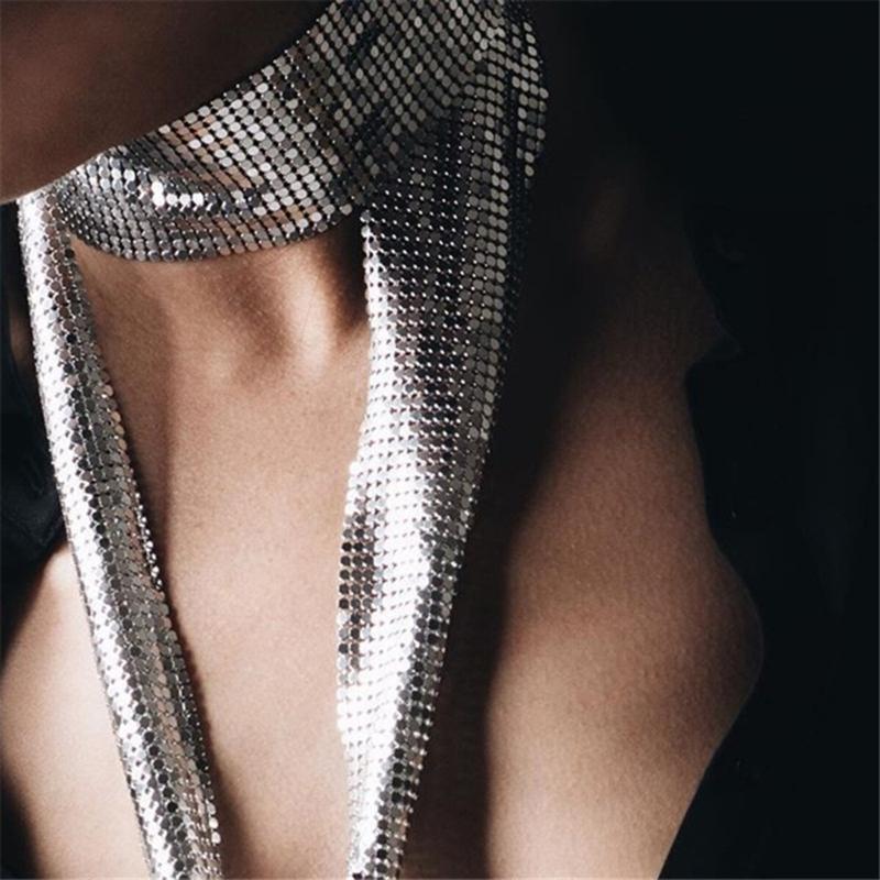 Women Glitter Sparkle-Metal Sequins Neck Tie Scarf Party Evening Long Thin Skinny Tie Shawls Neckerchief Necklace-Decor