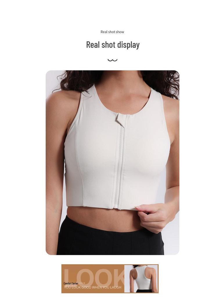 High-Impact Lycra Sports Bra with Front Zipper and Fixed Cups