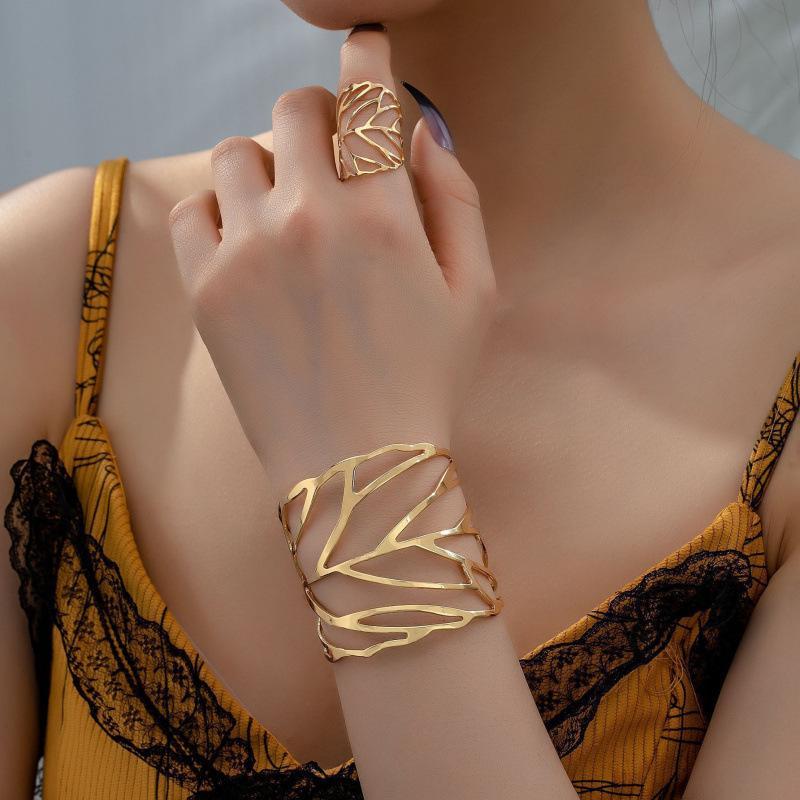 Hollow Leaves Open Bracelet Ring Personalized Niche Jewelry Set Women  Holiday Party Daily Wear Accessories Gift