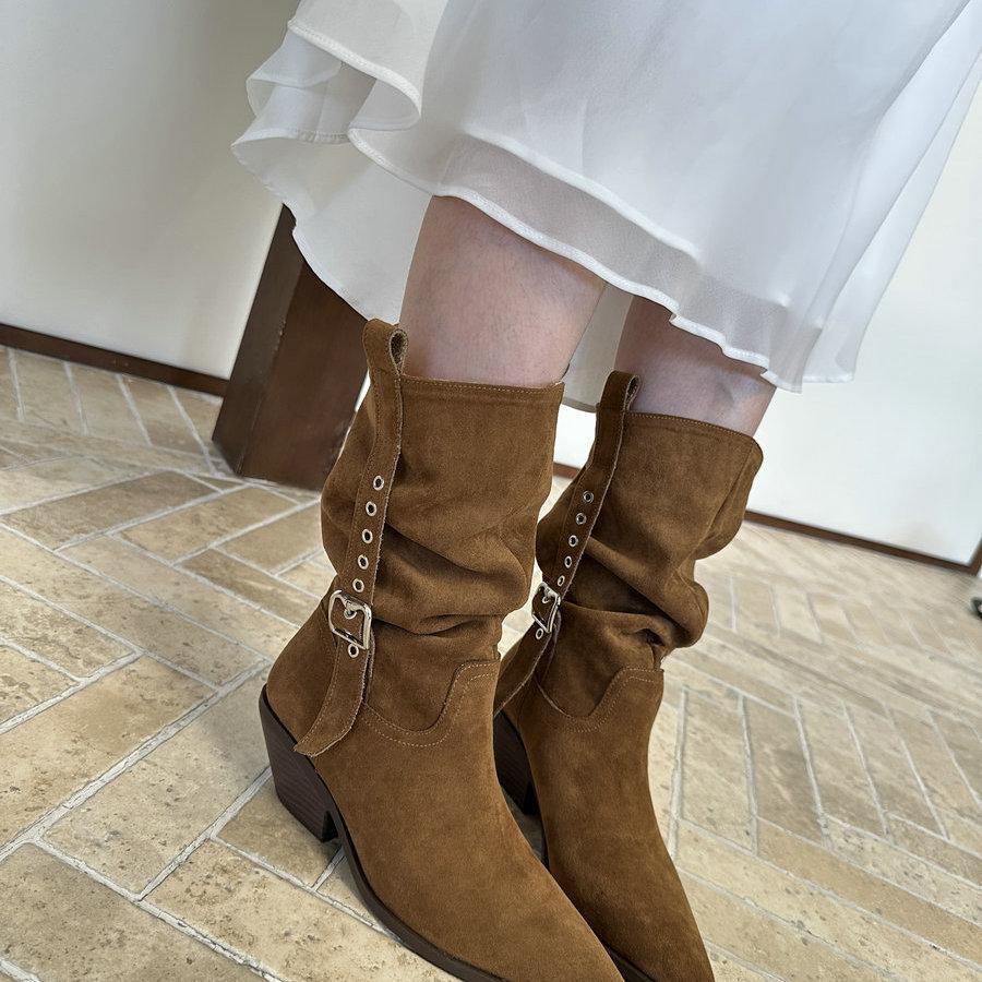 2025 new fashionable retro western cowboy boots women's pointed thick heel medium boots versatile and thin fashion short boots