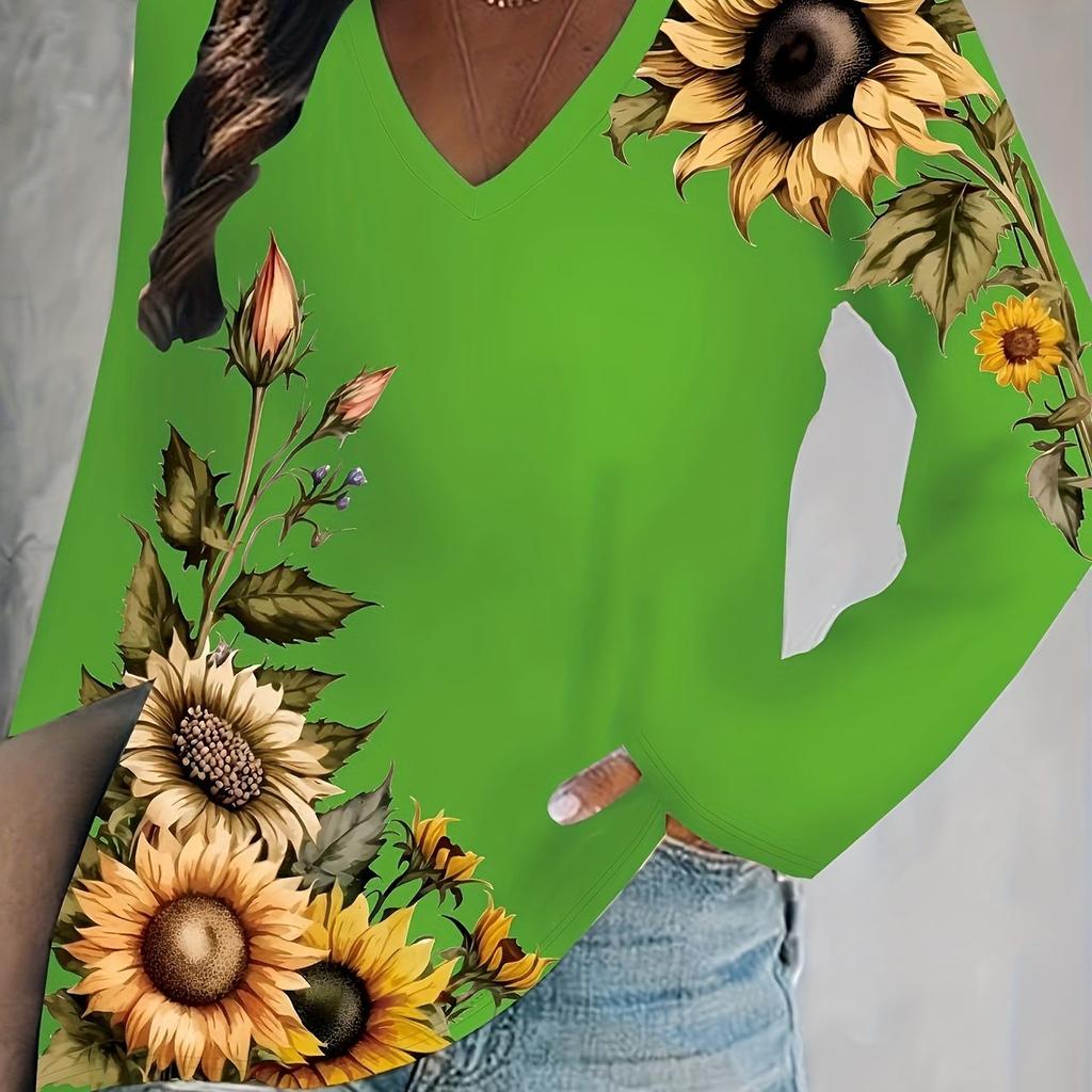 Sunflower Print Long Sleeve V Neck T-shirt T-shirts with Casual Style for Spring Comfortable Women's