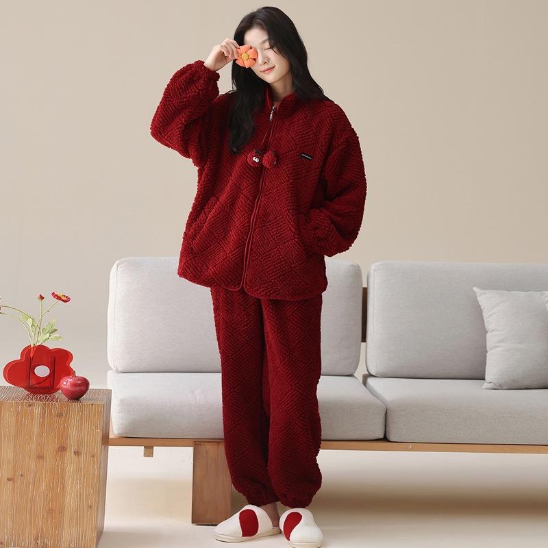Pajamas Wedding Newlywed Couple Suit Autumn And Winter Coral Fleece Thickened Warm Natal Year Wedding Red Loungewear