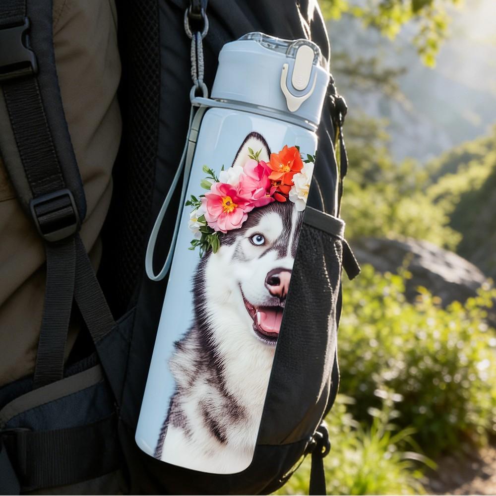 1PC Flower Crown Husky Dog Print 750ml Color Plastic Sports Water Bottle Leakproof Flip Straw Lid Suitable for Sports Office Home Use