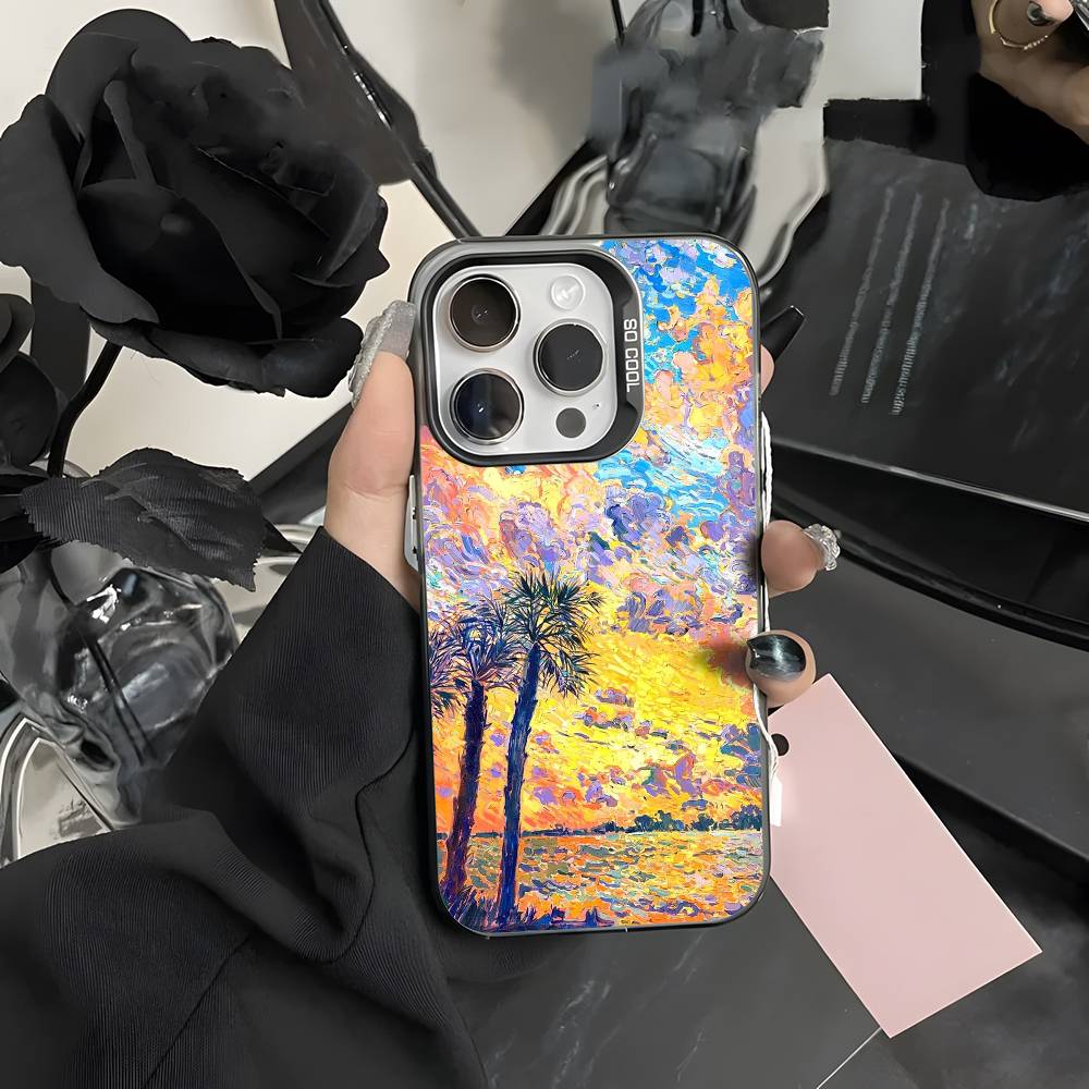 Bunte Ölgemälde Landschaft Handyhülle Für iPhone 16 15 14 13 12 11 Pro Max Grau Schwarz Handyhüllen Matt Laser Metallisch Aurora Funda