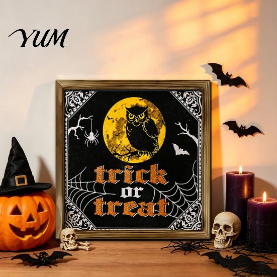 Decorative Wooden Photo Frames Halloween Framed Decor Sign, Happy Trick or Treat Printed Picture Frame, Gift for Home Witch Castle Owl Wall
