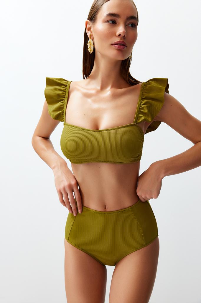 Women's New Season Bikini Set Orange Bralette Frilly Textured High Waist Hipster Bikini Set