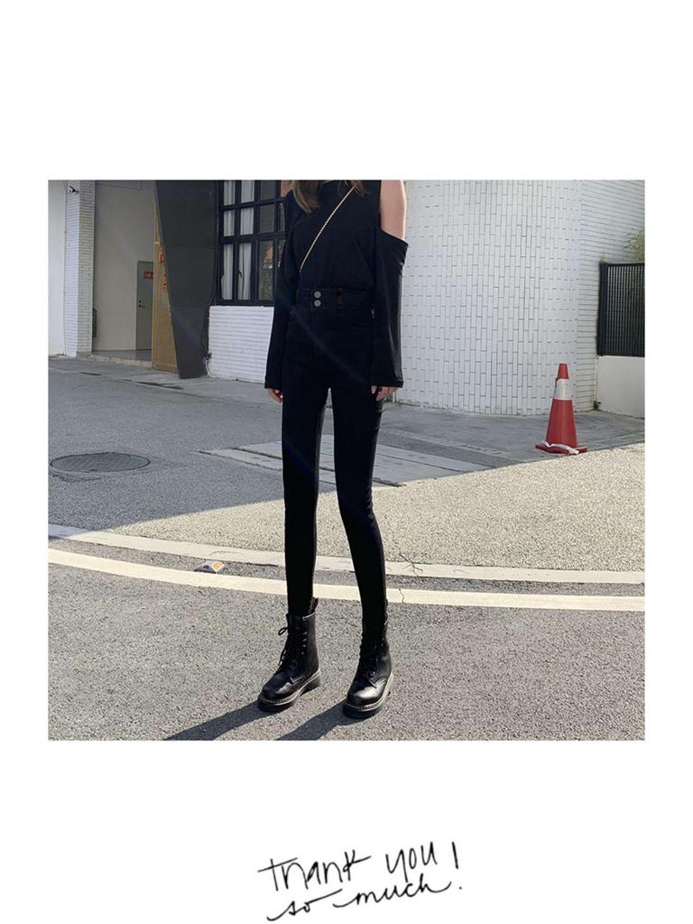 2025 Frühling Damen High-Waist Slim Fit Rauchgraue Fleecegefütterte Bleistiftjeans