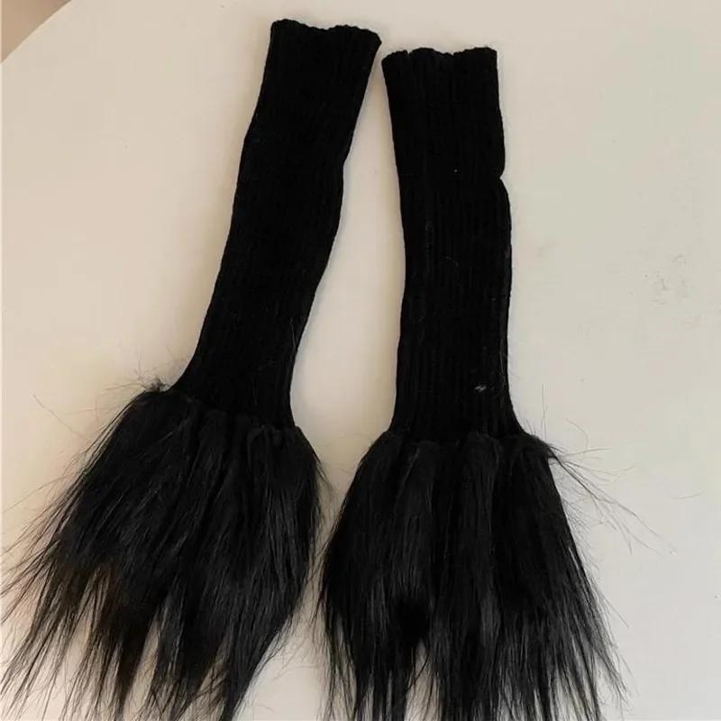 Lolita Warme Süße Strümpfe Pelzige Schwarz Weiße Stiefelstulpen Plüsch Strick Beinwärmer Damen Winter Lang Kunstpelz Strumpf One Size gray