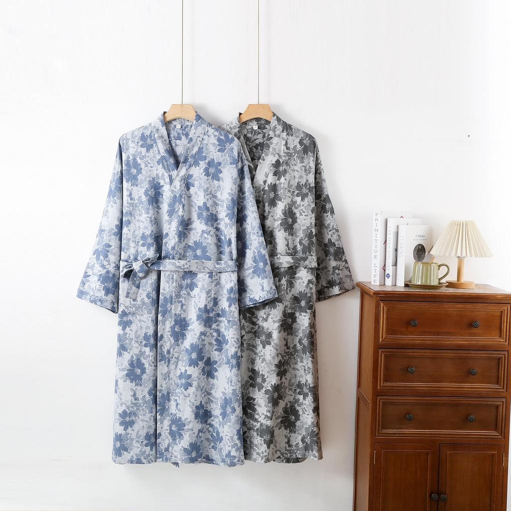 Men's Yarn-Dyed Pure Cotton Gauze Mid-Length Tie-Up Robe with Three-Quarter Sleeves – Spring to Autumn Wear