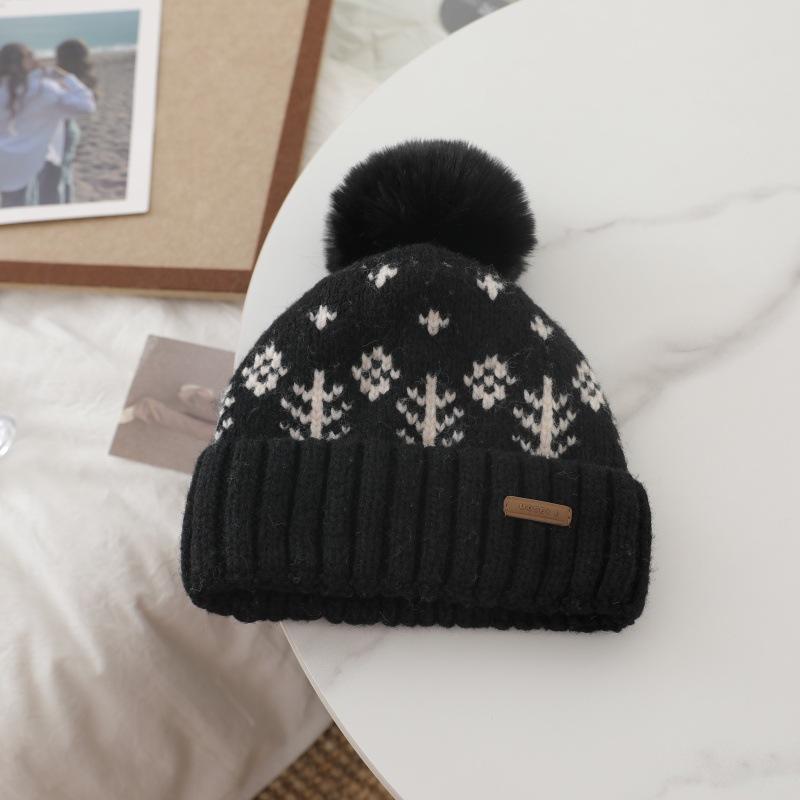 Japanese Style Retro Rabbit Fur Ball Pullover Hat  Women's Large Head Girdle  Warm Woolen Knitted Hat  Ear Protecting Cold Hat