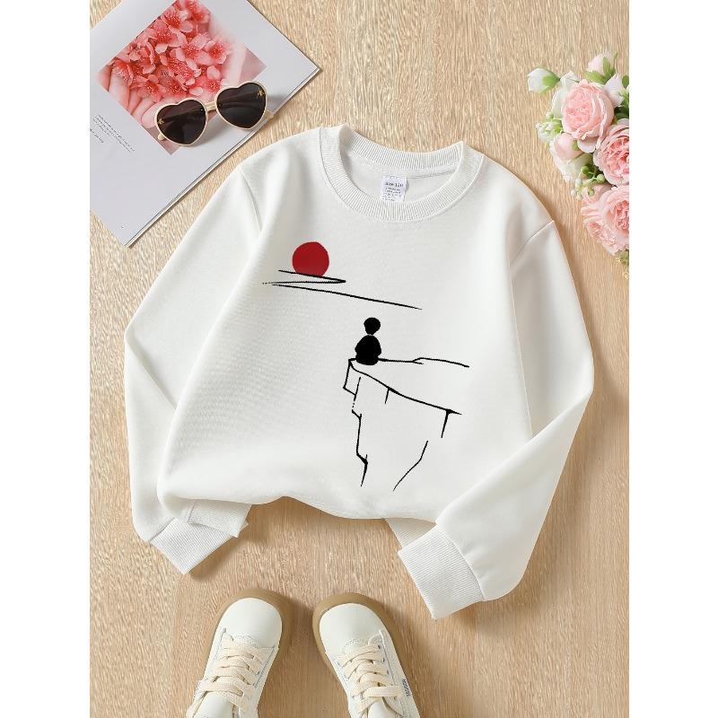Kids Crewneck Sweatshirt, Minimal Line Art Cliff Sunset Silhouette Print,Spring Autumn Casual Sport Tops 110 белый