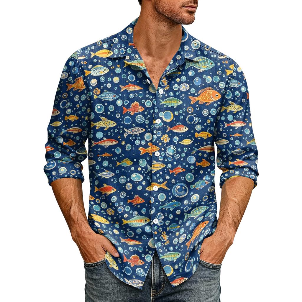 Men's Loose Fit Long Sleeve Shirt Hawaiian Style Retro Casual Button Down Shirt with Spread Collar Suitable for Spring and Autumn