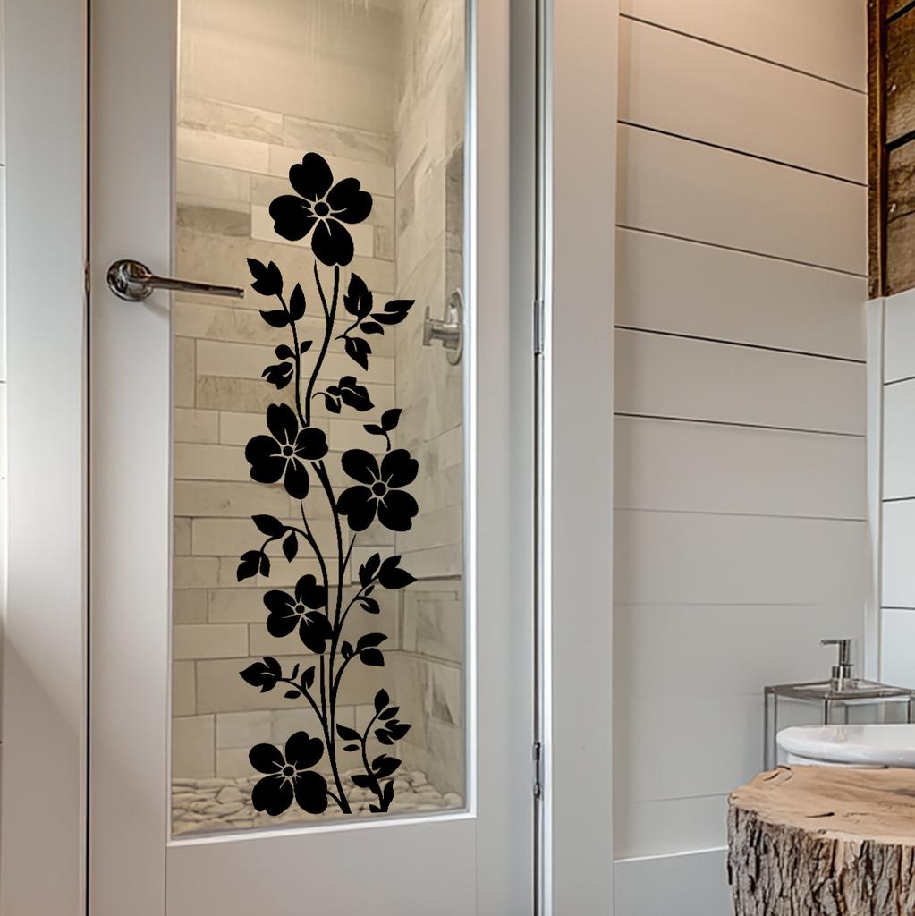 Transparenter Badezimmerglas Schwarze Blumenranke Aufkleber Minimalistischer Stil Dekoration Abziehbild