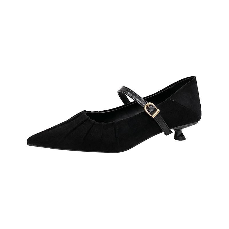 

Pleated Fashion Suede Pointed Toe Single Shoes Women Spring and Autumn New Slim Strap High Heels 35 чёрный