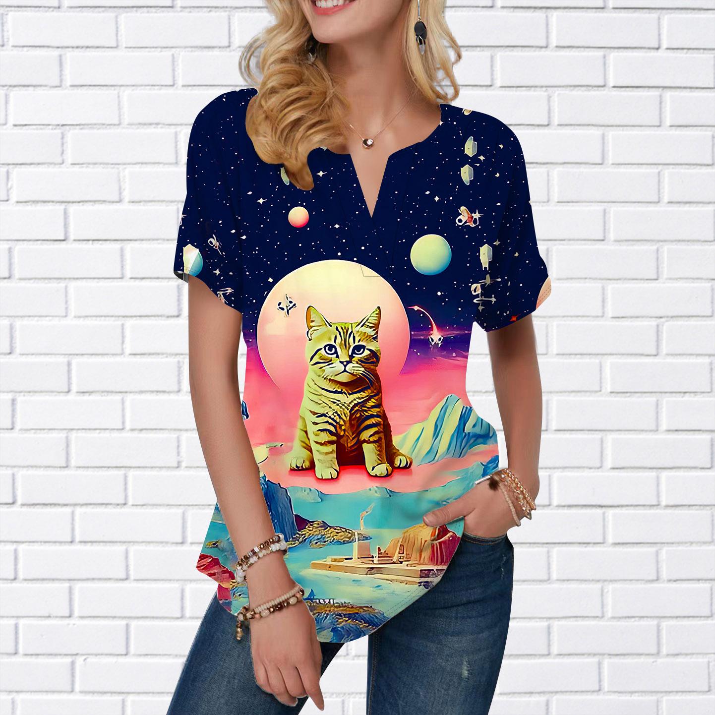 

Женская летняя футболка с принтом Little Fat Cat, футболки с короткими рукавами, повседневные топы с принтом, маленький v-образный вырез с короткими рукавами 8XL темно-синий