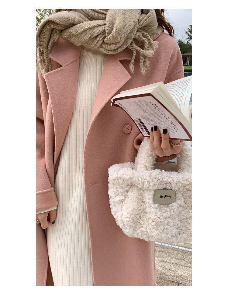 Women's Hepburn Style Korean Pink Wool Coat - Mid-Length, Autumn/Winter 2025 Collection, Petite Fit, High-End Feel