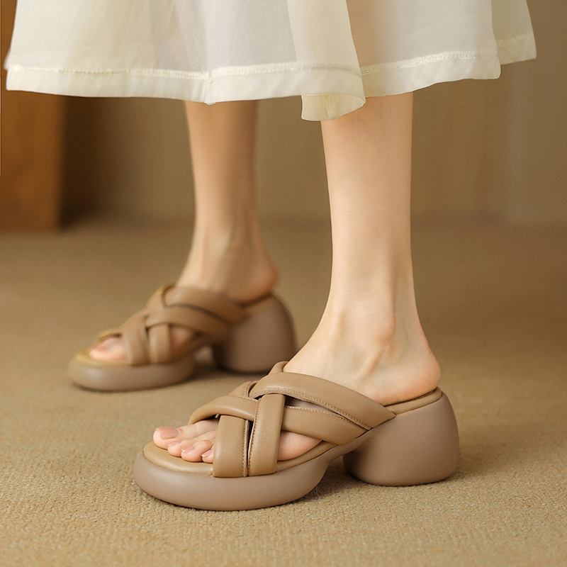 Krazing Pot Schaffell Pantoletten Peep Toe Blockabsätze Sommerschuhe Europäisches Design Plateau Wasserdicht Damen Sandalen